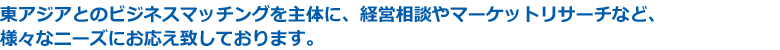 東アジアとのビジネスマッチングを主体に、経営相談やマーケットリサーチなど、様々なニーズにお応え致しております。